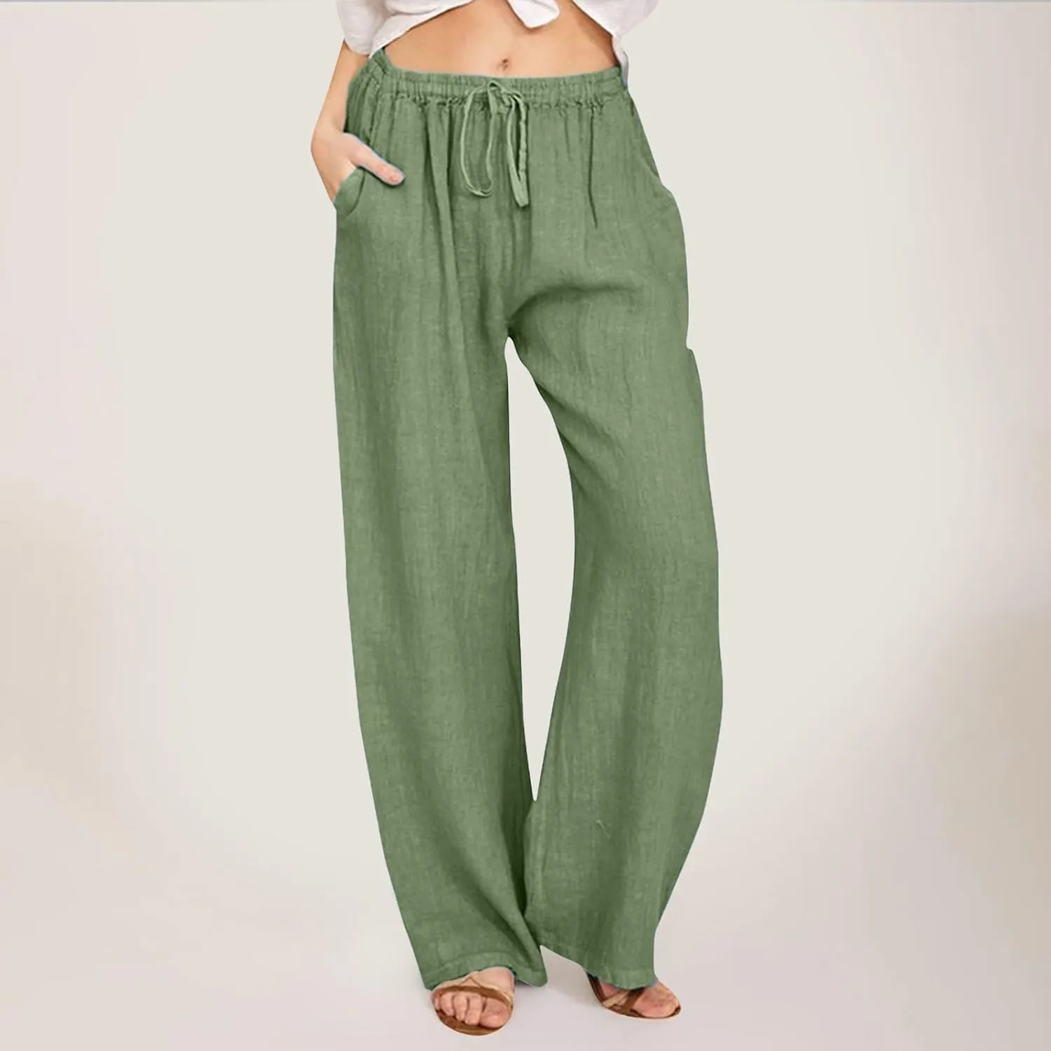 Women Linen Summer Boho Pants High Waist Long Lounge Slim-Fit Pants Business Work
