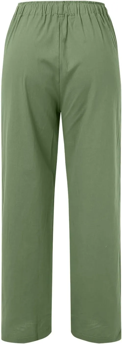 Women Linen Summer Boho Pants High Waist Long Lounge Slim-Fit Pants Business Work