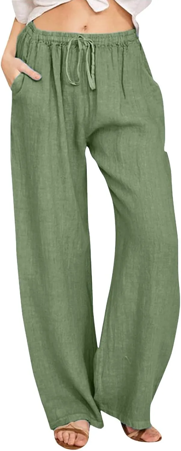 Women Linen Summer Boho Pants High Waist Long Lounge Slim-Fit Pants Business Work