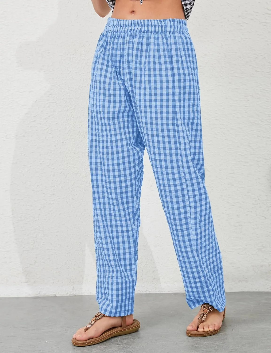 Women Plaid Wide Leg Pants Low Waist Gingham Print Lounge Long Tunic Pants Y2K Pajama Lounge Trousers with Pockets