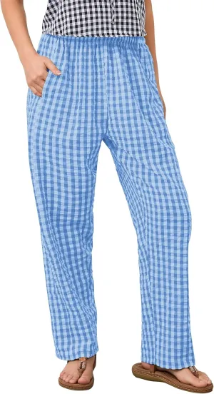 Women Plaid Wide Leg Pants Low Waist Gingham Print Lounge Long Tunic Pants Y2K Pajama Lounge Trousers with Pockets