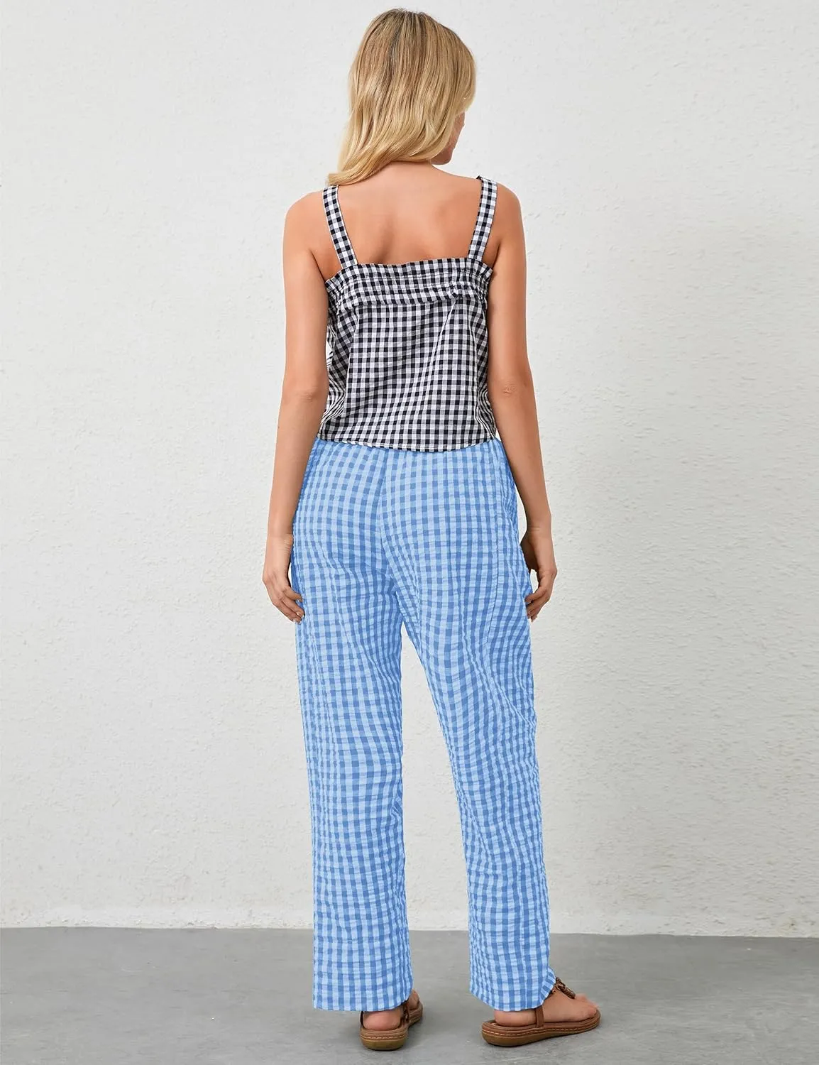 Women Plaid Wide Leg Pants Low Waist Gingham Print Lounge Long Tunic Pants Y2K Pajama Lounge Trousers with Pockets