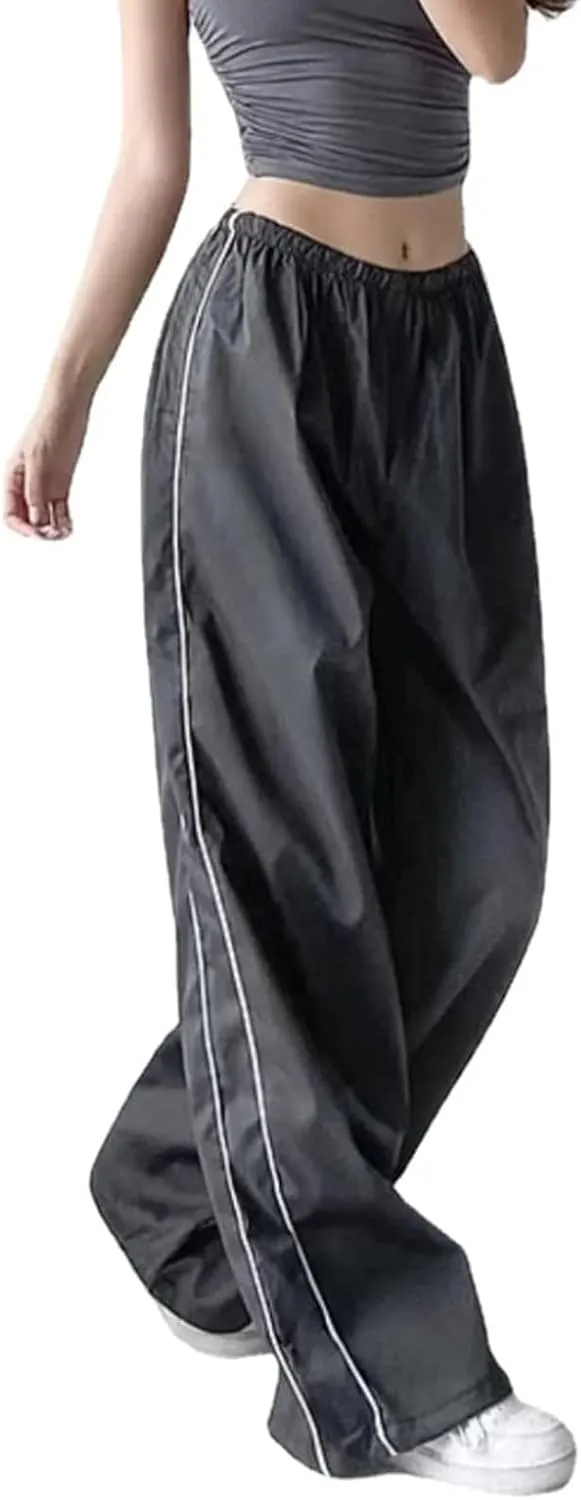 Women Side Striped Track Pants Wide Leg Baggy Sweatpants Parachute Pants Y2K Cargo Pants Joggers Trousers Streetwear