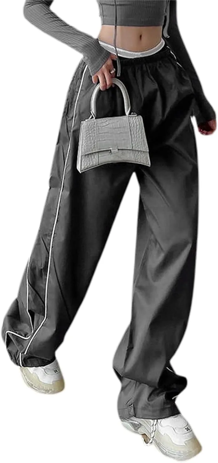 Women Side Striped Track Pants Wide Leg Baggy Sweatpants Parachute Pants Y2K Cargo Pants Joggers Trousers Streetwear