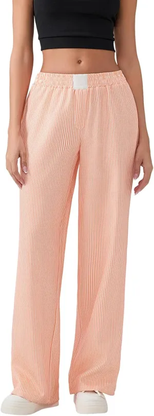 Women Stripe Print Pants Y2k Elastic High Waist Straight Leg Slim Fit Trousers Vintage Pj Pants Coquette Streetwear