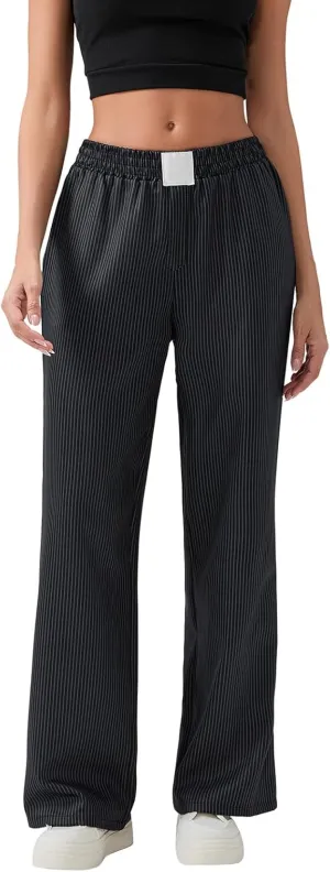 Women Stripe Print Pants Y2k Elastic High Waist Straight Leg Slim Fit Trousers Vintage Pj Pants Coquette Streetwear