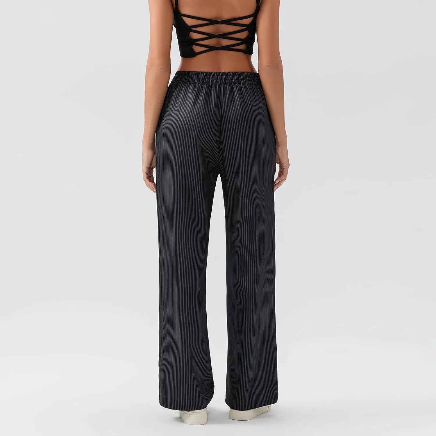 Women Stripe Print Pants Y2k Elastic High Waist Straight Leg Slim Fit Trousers Vintage Pj Pants Coquette Streetwear