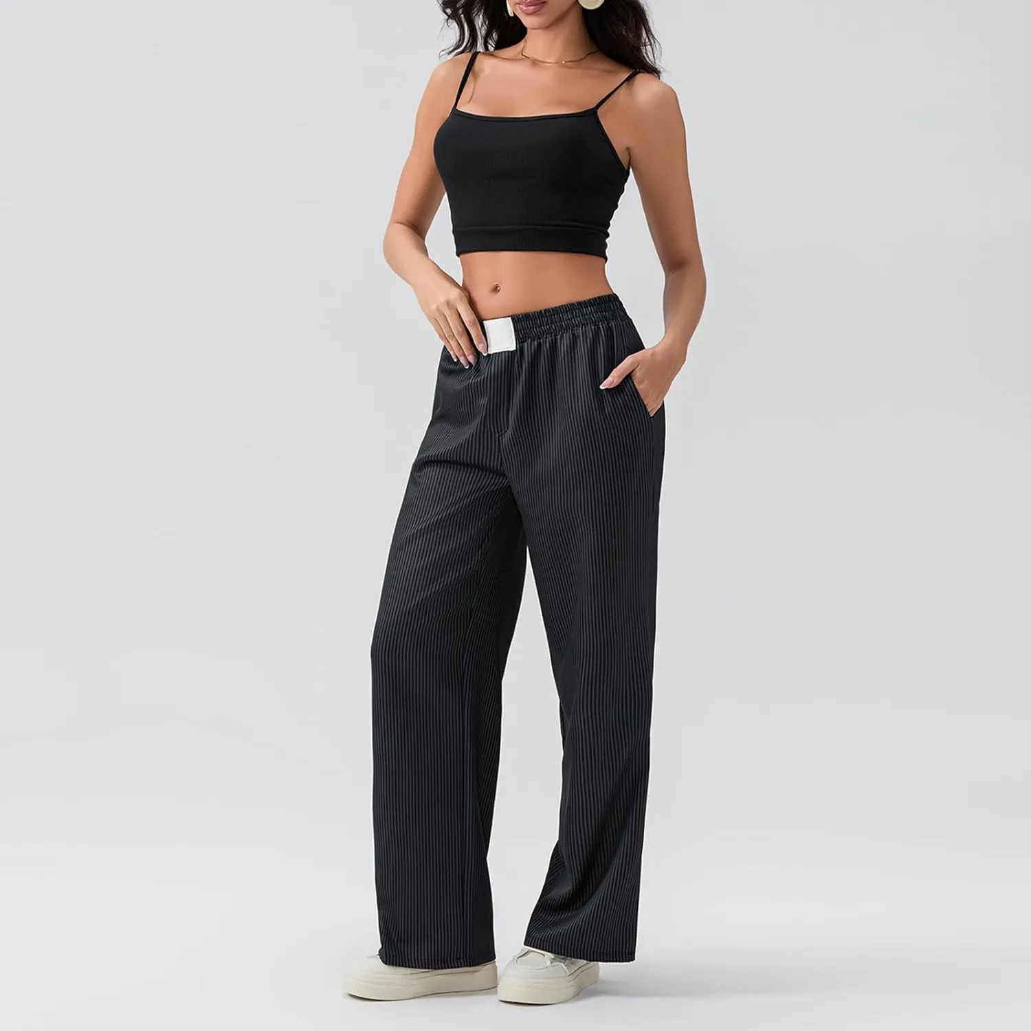 Women Stripe Print Pants Y2k Elastic High Waist Straight Leg Slim Fit Trousers Vintage Pj Pants Coquette Streetwear