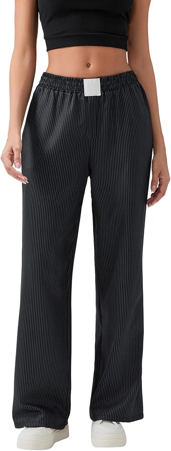 Women Stripe Print Pants Y2k Elastic High Waist Straight Leg Slim Fit Trousers Vintage Pj Pants Coquette Streetwear