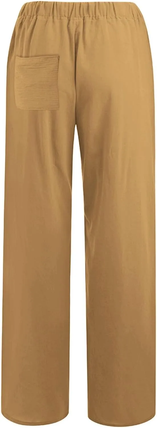 Women Summer Casual Drawstring Waist Cotton Linen Pants Wide Leg Flowy Beach Palazzo Slacks Cute Lightweight Trousers
