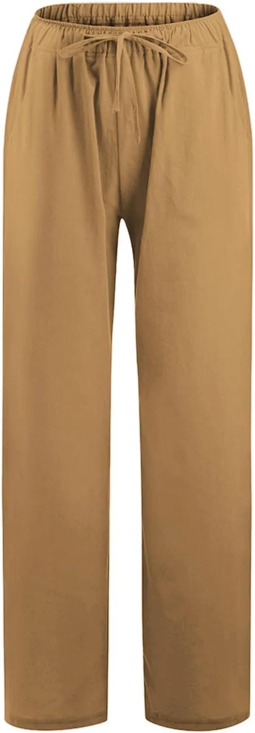 Women Summer Casual Drawstring Waist Cotton Linen Pants Wide Leg Flowy Beach Palazzo Slacks Cute Lightweight Trousers