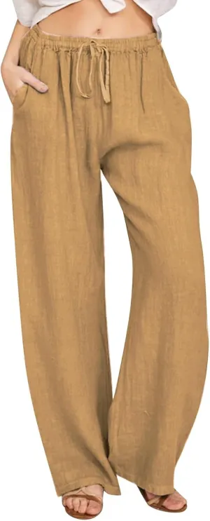Women Summer Casual Drawstring Waist Cotton Linen Pants Wide Leg Flowy Beach Palazzo Slacks Cute Lightweight Trousers