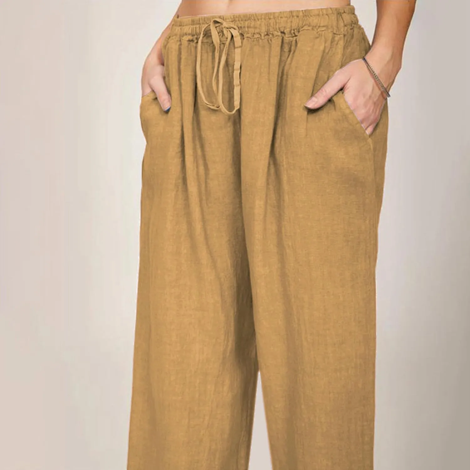 Women Summer Casual Drawstring Waist Cotton Linen Pants Wide Leg Flowy Beach Palazzo Slacks Cute Lightweight Trousers