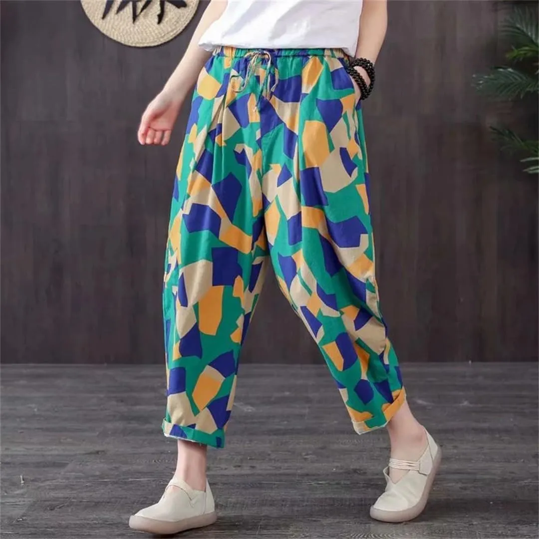 Women Summer Printing Harem Pants Mother Loose Retro Ankle Length Cotton and Linen Pants