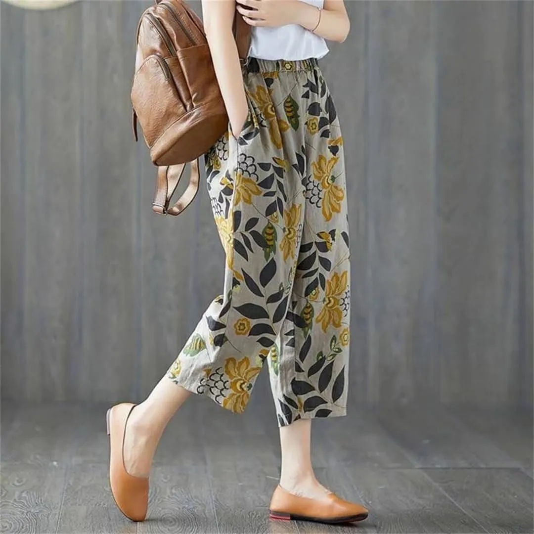 Women Summer Printing Harem Pants Mother Loose Retro Ankle Length Cotton and Linen Pants