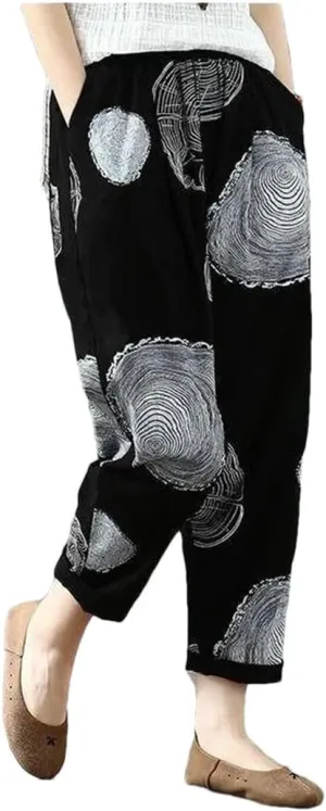 Women Summer Printing Harem Pants Mother Loose Retro Ankle Length Cotton and Linen Pants