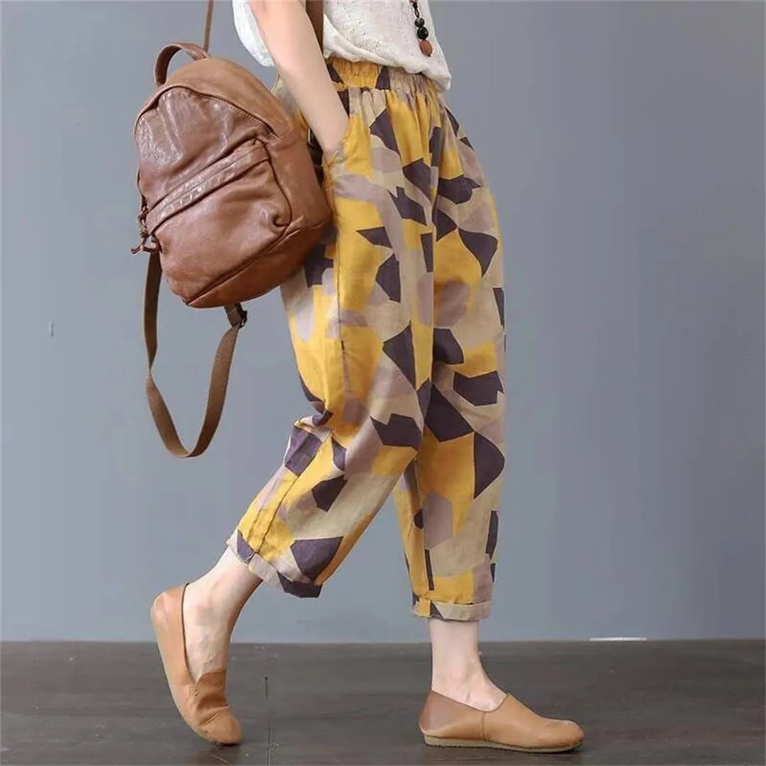 Women Summer Printing Harem Pants Mother Loose Retro Ankle Length Cotton and Linen Pants