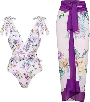 Women Swimwear Two Piece Set Swim Dress Tops Vintage Print Swimsuit Monokini Bikini Set