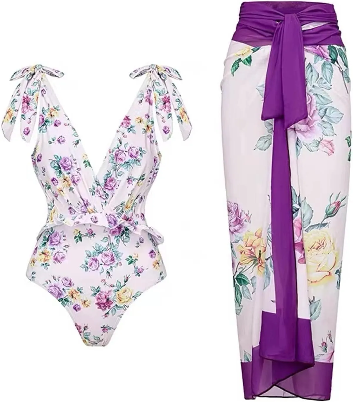 Women Swimwear Two Piece Set Swim Dress Tops Vintage Print Swimsuit Monokini Bikini Set