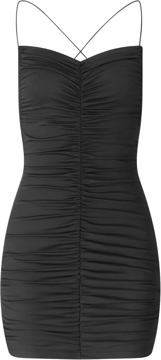 Women y2k Bodycon Mini Dress Spaghetti Strap Cami Dress Backless 3D Floral Ruffle Short Dresses