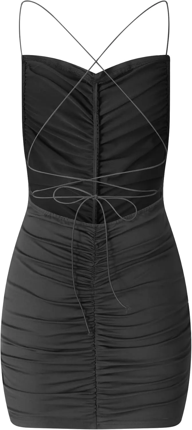 Women y2k Bodycon Mini Dress Spaghetti Strap Cami Dress Backless 3D Floral Ruffle Short Dresses