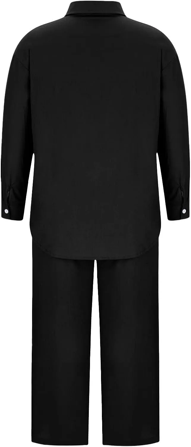 Womens 2 Piece Cotton Linen Sets Plus Size Lounge Outfits Long Shirts Plus Size Long Pants Tracksuit Sweatsuits