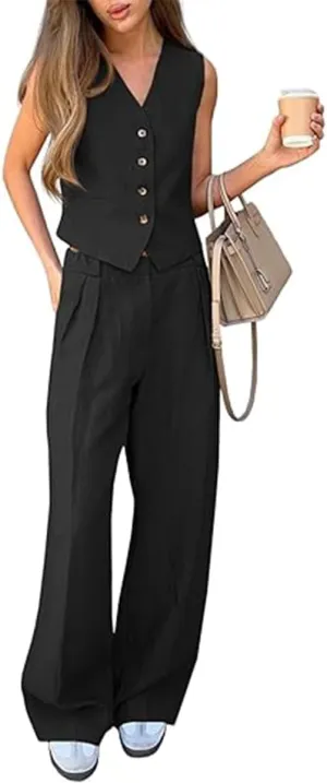 Women's 2 Piece Outfits V Neck Crop Vest Blazer and Wide Leg Suit Pants Business Casual Sets