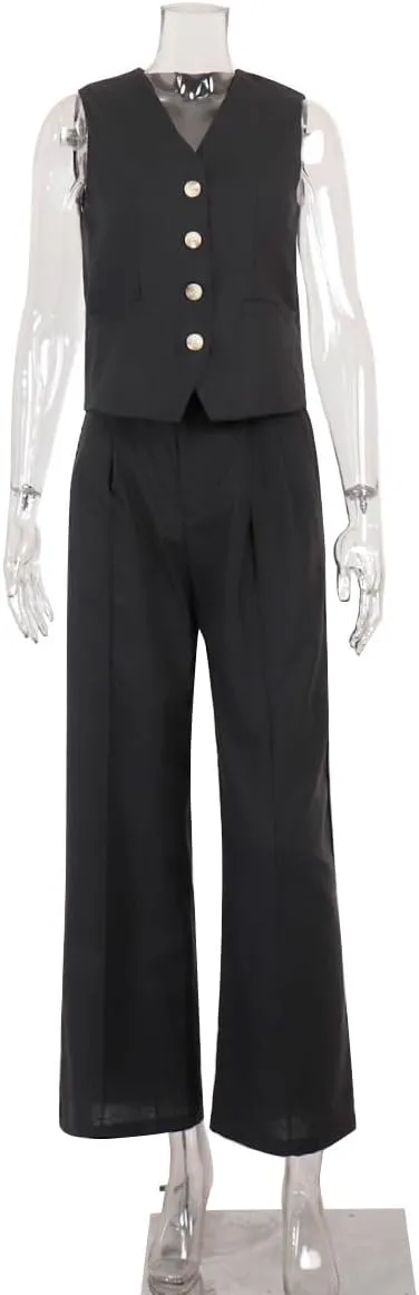 Women's 2 Piece Outfits V Neck Crop Vest Blazer and Wide Leg Suit Pants Business Casual Sets