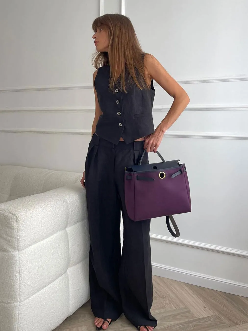 Women's 2 Piece Outfits V Neck Crop Vest Blazer and Wide Leg Suit Pants Business Casual Sets