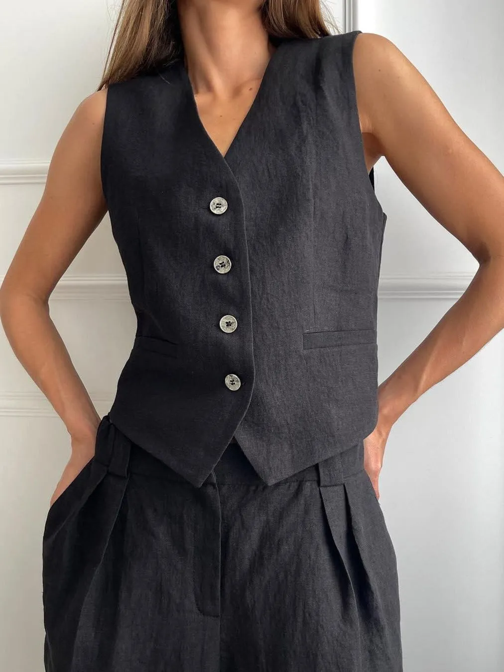 Women's 2 Piece Outfits V Neck Crop Vest Blazer and Wide Leg Suit Pants Business Casual Sets
