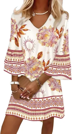 Womens 2025 Fashion Printed V-Neck Bubble Sleeve Dress Spring Summer Trendy Outfits