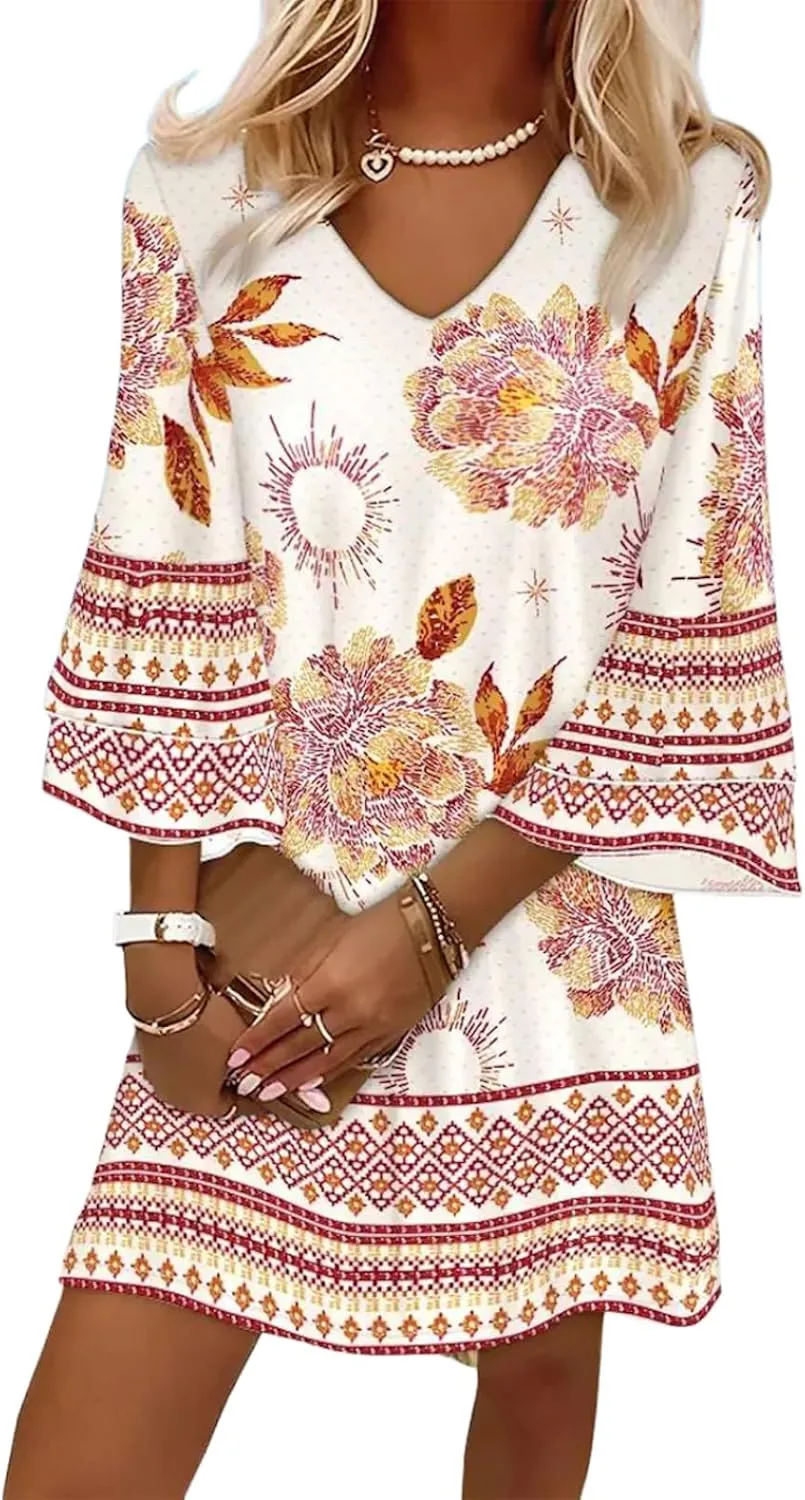 Womens 2025 Fashion Printed V-Neck Bubble Sleeve Dress Spring Summer Trendy Outfits