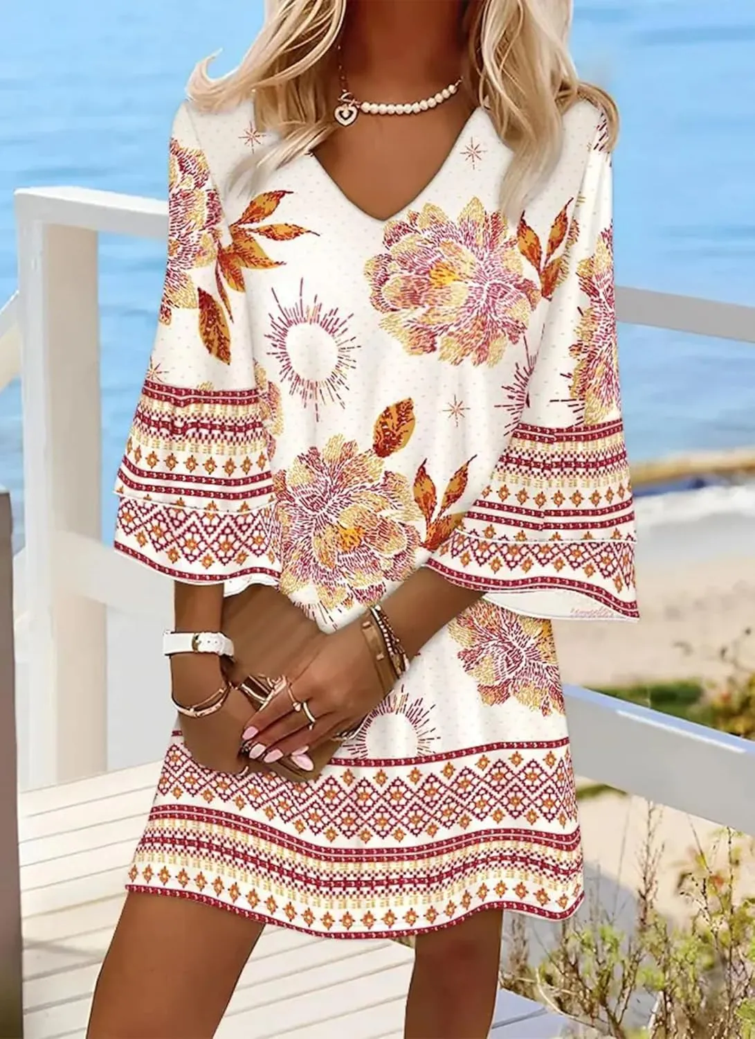 Womens 2025 Fashion Printed V-Neck Bubble Sleeve Dress Spring Summer Trendy Outfits