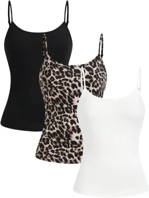 Women's 3 Pack Leopard Print Spaghetti Strap Cami Tops Scoop Neck Slim Fit Camisole