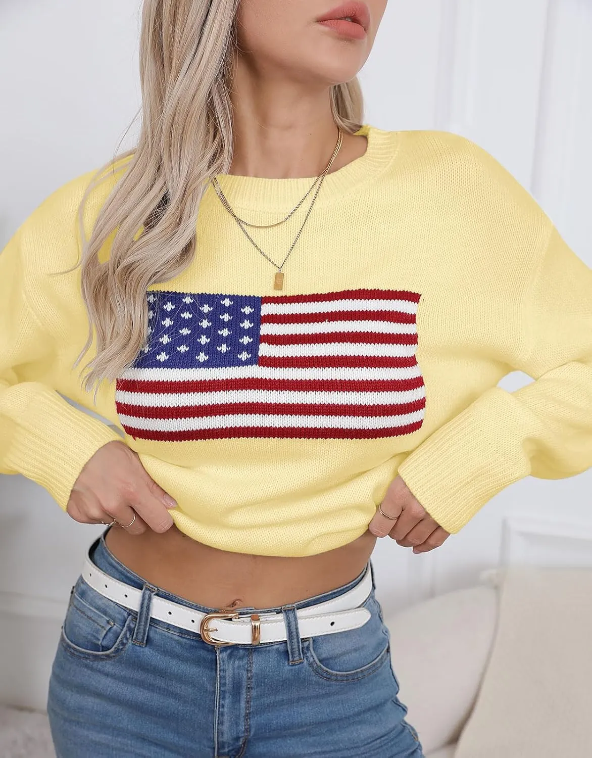 Womens American Flag Sweater Long Sleeve Crew Neck Knitted Casual Pullover Sweater