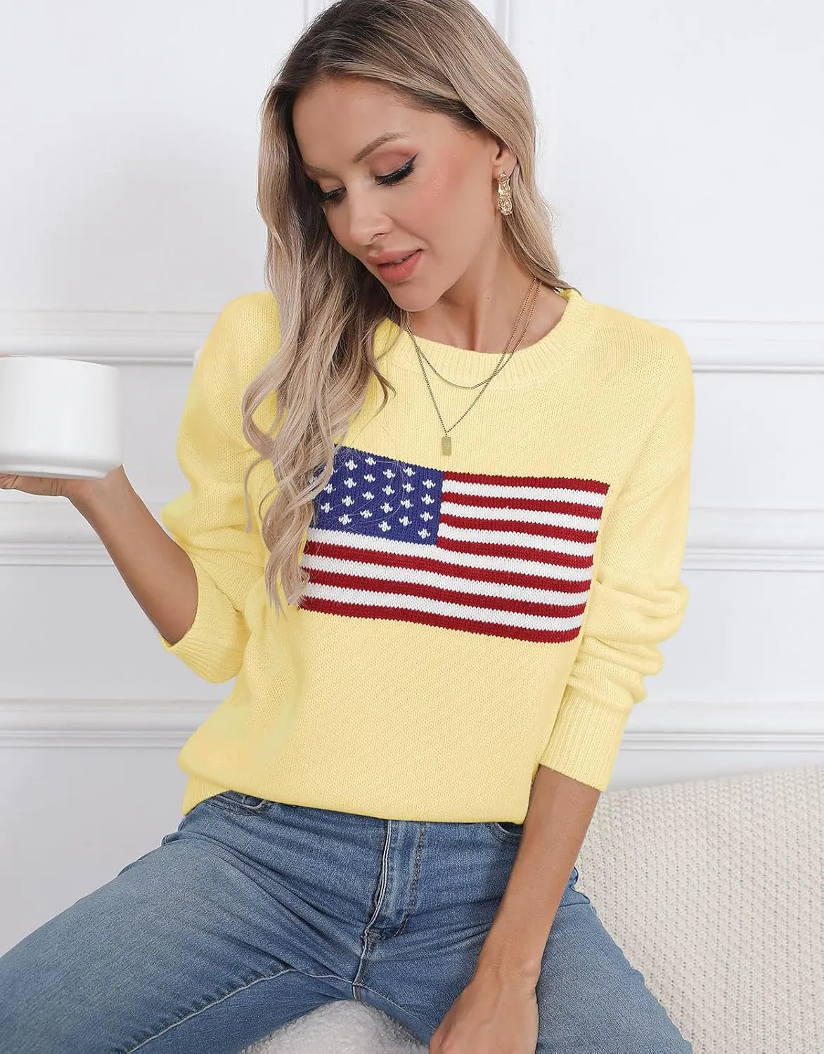 Womens American Flag Sweater Long Sleeve Crew Neck Knitted Casual Pullover Sweater