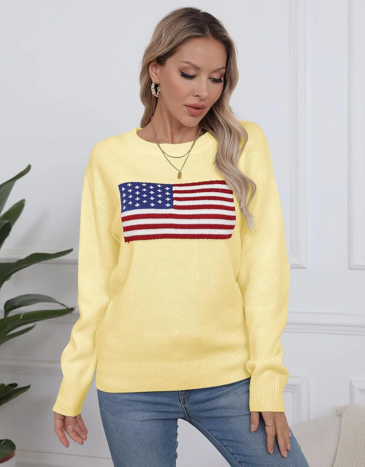 Womens American Flag Sweater Long Sleeve Crew Neck Knitted Casual Pullover Sweater