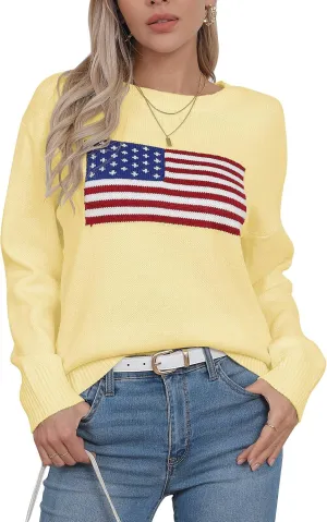 Womens American Flag Sweater Long Sleeve Crew Neck Knitted Casual Pullover Sweater