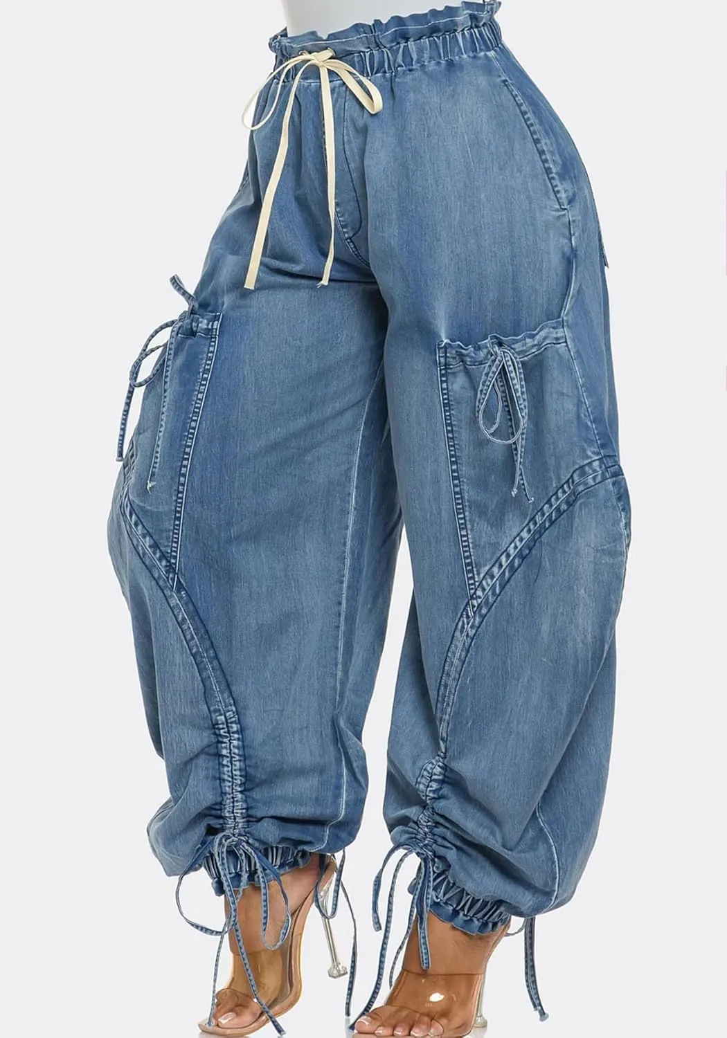 Women's Baggy Jeans Wide Leg Denim Pants Drawstring Bow Tie Joggers Trousers with Pockets Sweatpants