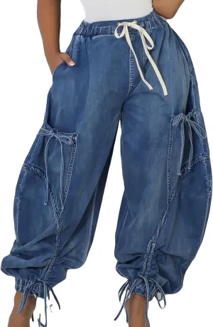 Women's Baggy Jeans Wide Leg Denim Pants Drawstring Bow Tie Joggers Trousers with Pockets Sweatpants
