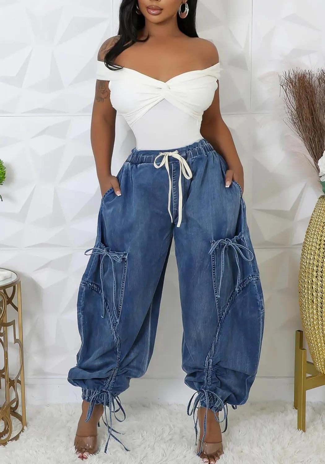 Women's Baggy Jeans Wide Leg Denim Pants Drawstring Bow Tie Joggers Trousers with Pockets Sweatpants