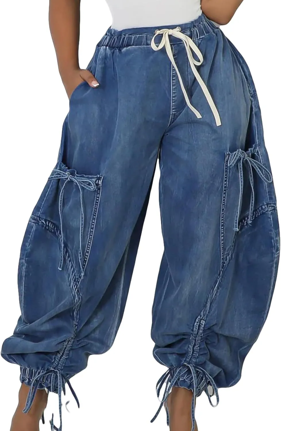 Women's Baggy Jeans Wide Leg Denim Pants Drawstring Bow Tie Joggers Trousers with Pockets Sweatpants