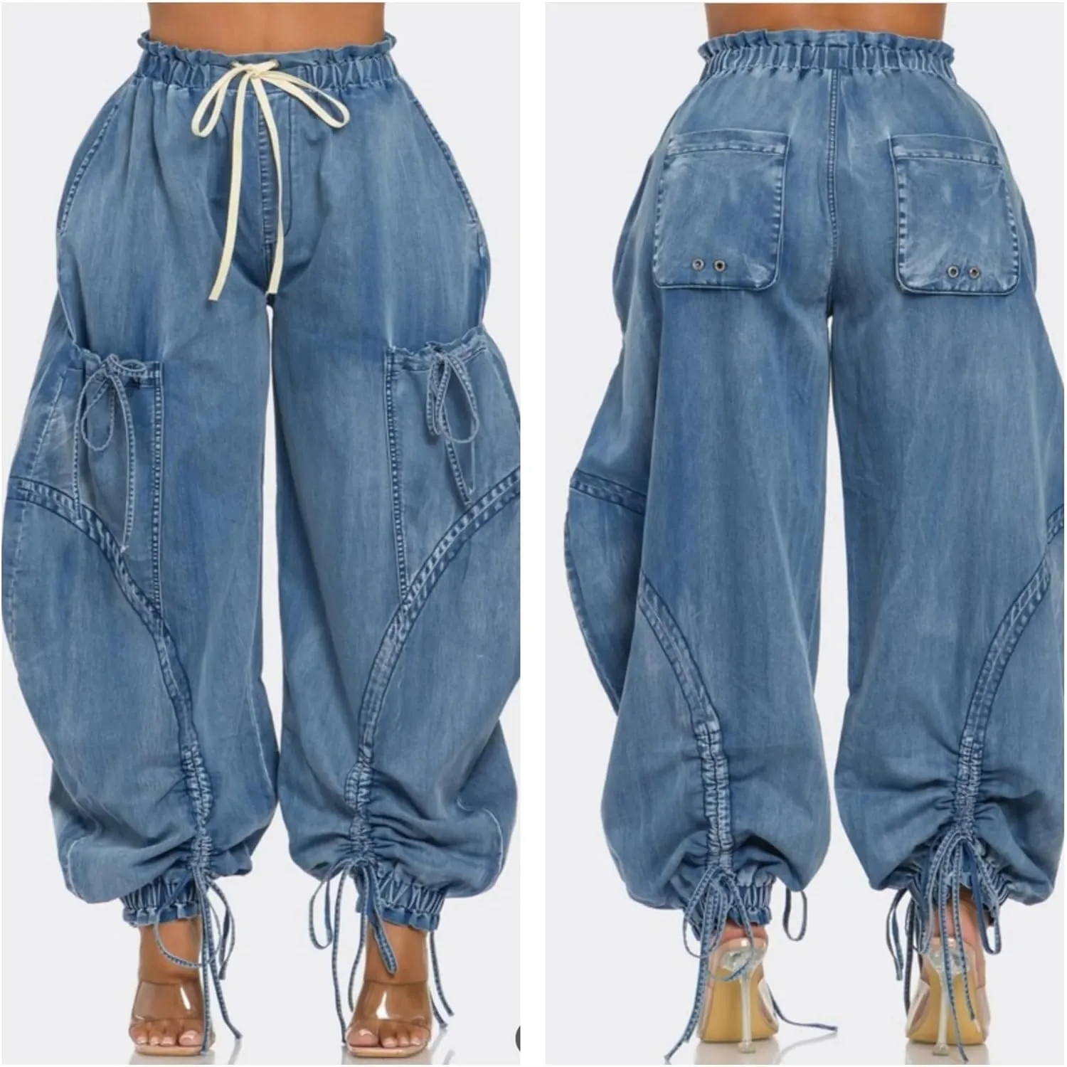 Women's Baggy Jeans Wide Leg Denim Pants Drawstring Bow Tie Joggers Trousers with Pockets Sweatpants