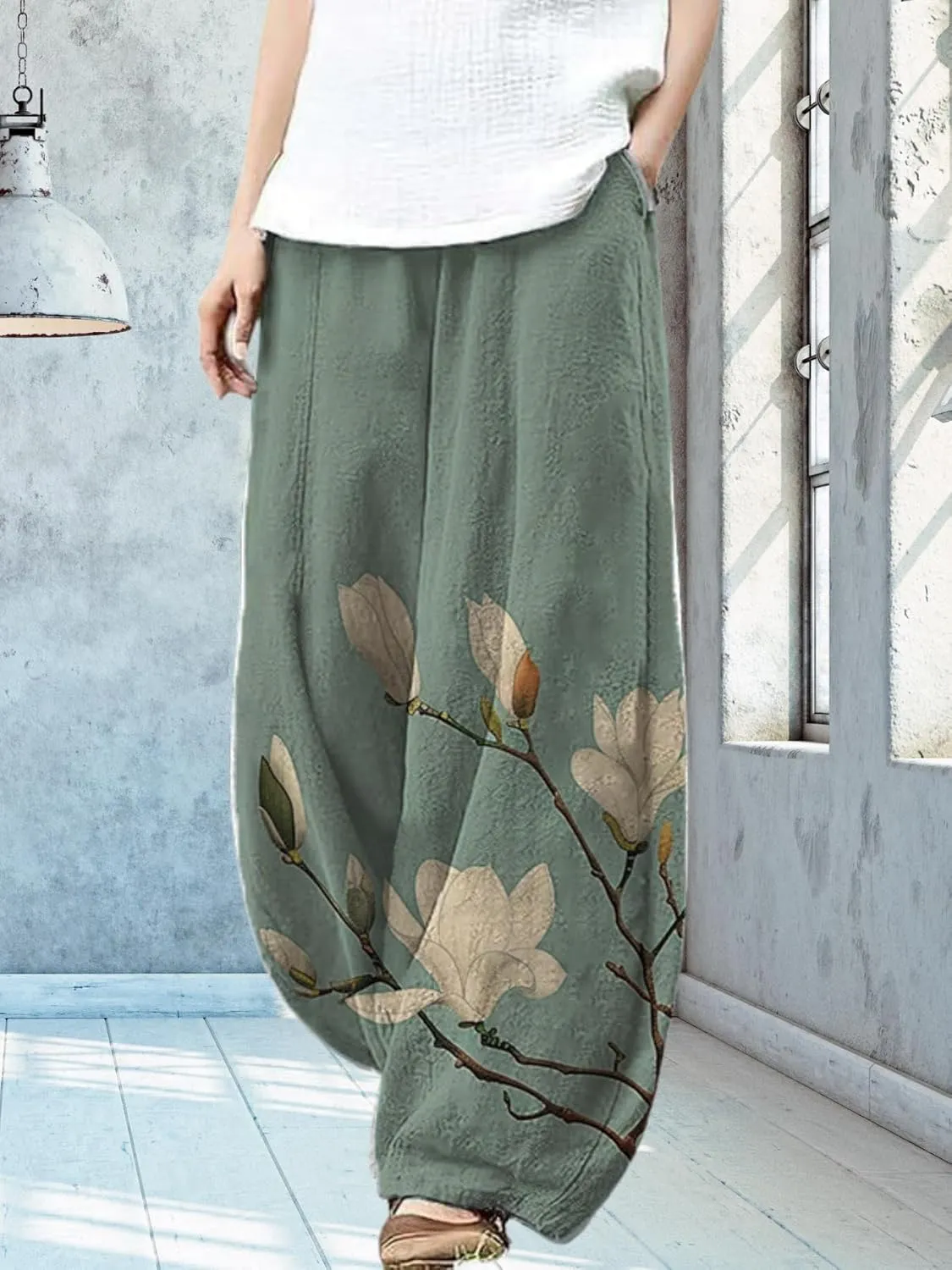 Womens Baggy Linen Pants Barrel Wide Leg Casual Loose Flowy Hippie Lantern Trousers with Elastic Waist for Summer