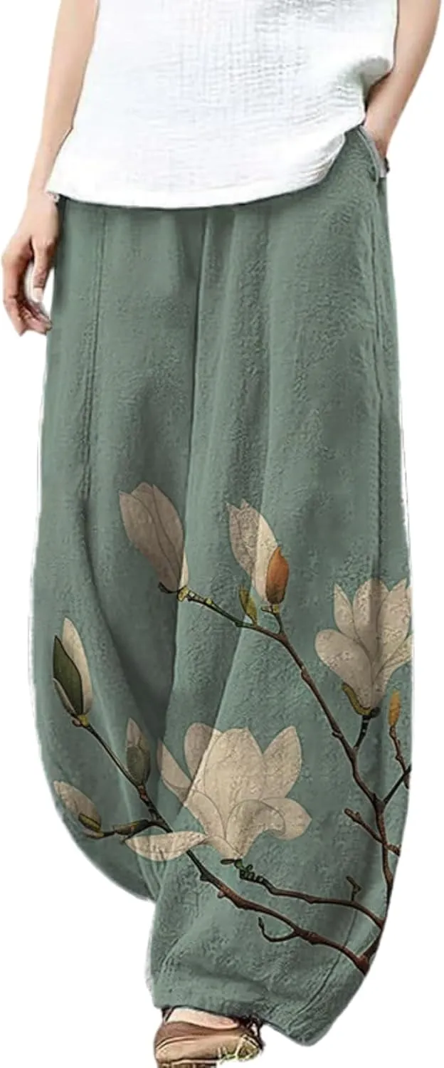 Womens Baggy Linen Pants Barrel Wide Leg Casual Loose Flowy Hippie Lantern Trousers with Elastic Waist for Summer