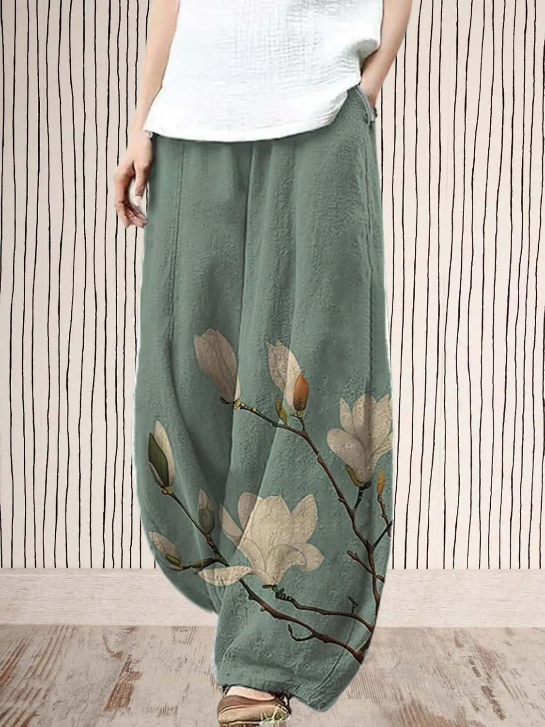 Womens Baggy Linen Pants Barrel Wide Leg Casual Loose Flowy Hippie Lantern Trousers with Elastic Waist for Summer