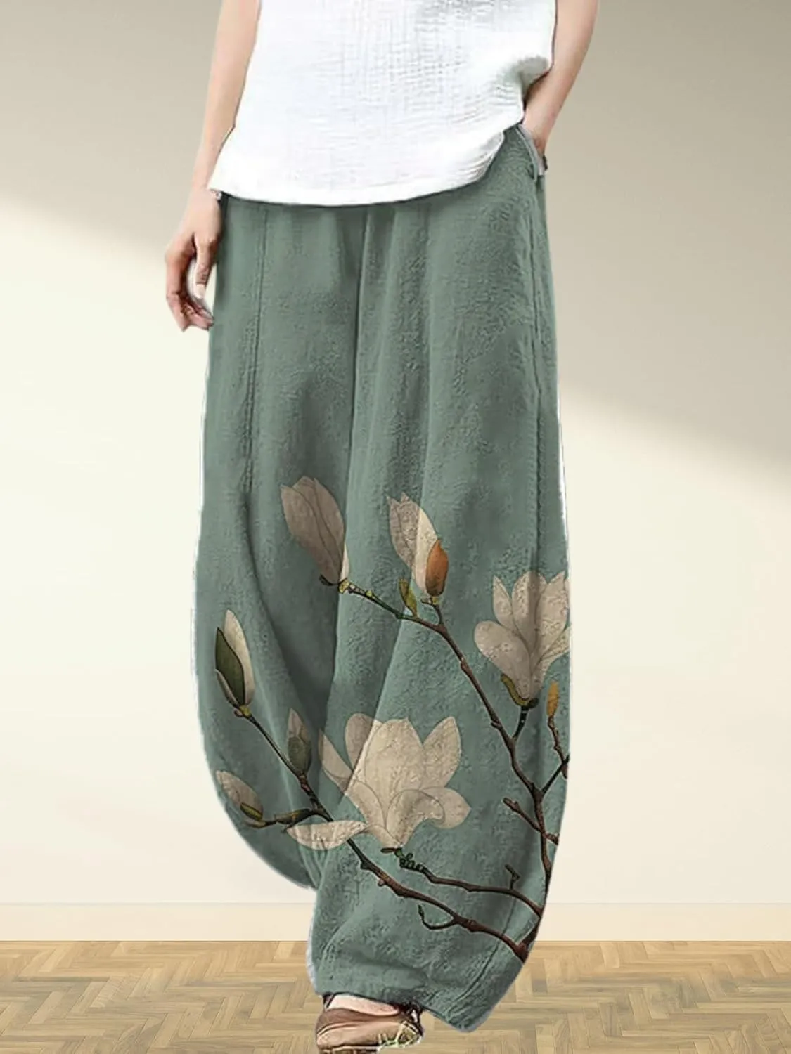 Womens Baggy Linen Pants Barrel Wide Leg Casual Loose Flowy Hippie Lantern Trousers with Elastic Waist for Summer