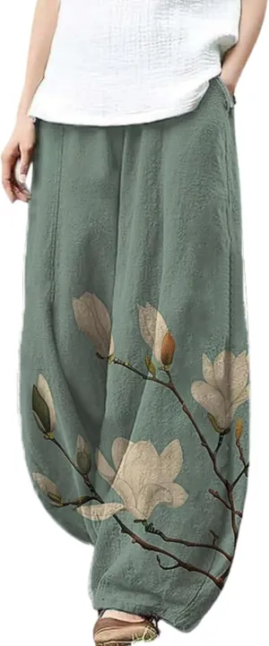 Womens Baggy Linen Pants Barrel Wide Leg Casual Loose Flowy Hippie Lantern Trousers with Elastic Waist for Summer