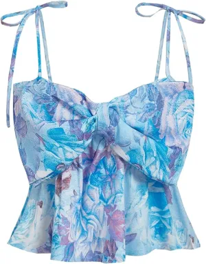 Women's Boho Floral Bow Cami Tops Tie Shoulder Ruffle Hem Peplum Crop Camisole