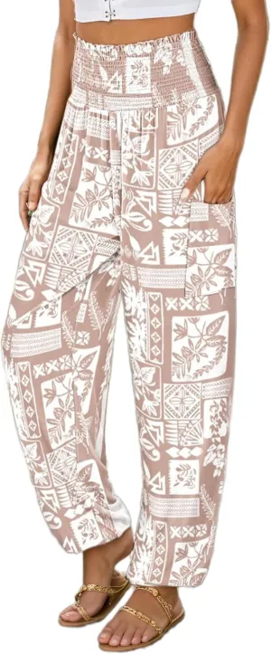 Womens Boho Floral Harem Pants Elastic High Waist Casual Loose Long Pants Summer Beach Pants with Pockets